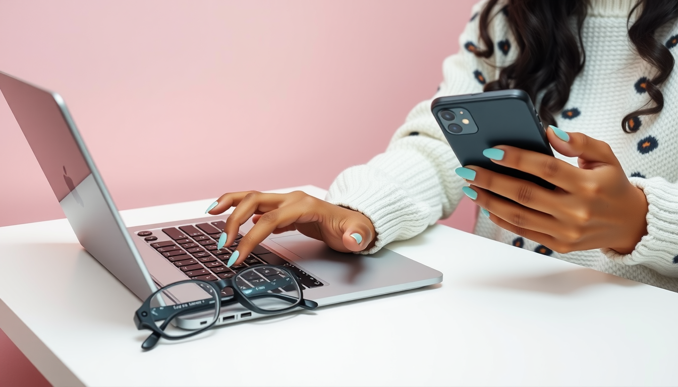 Woman looking at her phone while typing on her laptop, researching ways to give back on her small business website