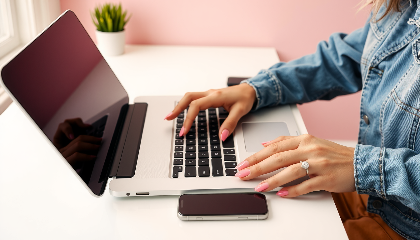 Close up if a woman typing on a laptop with pink nails
