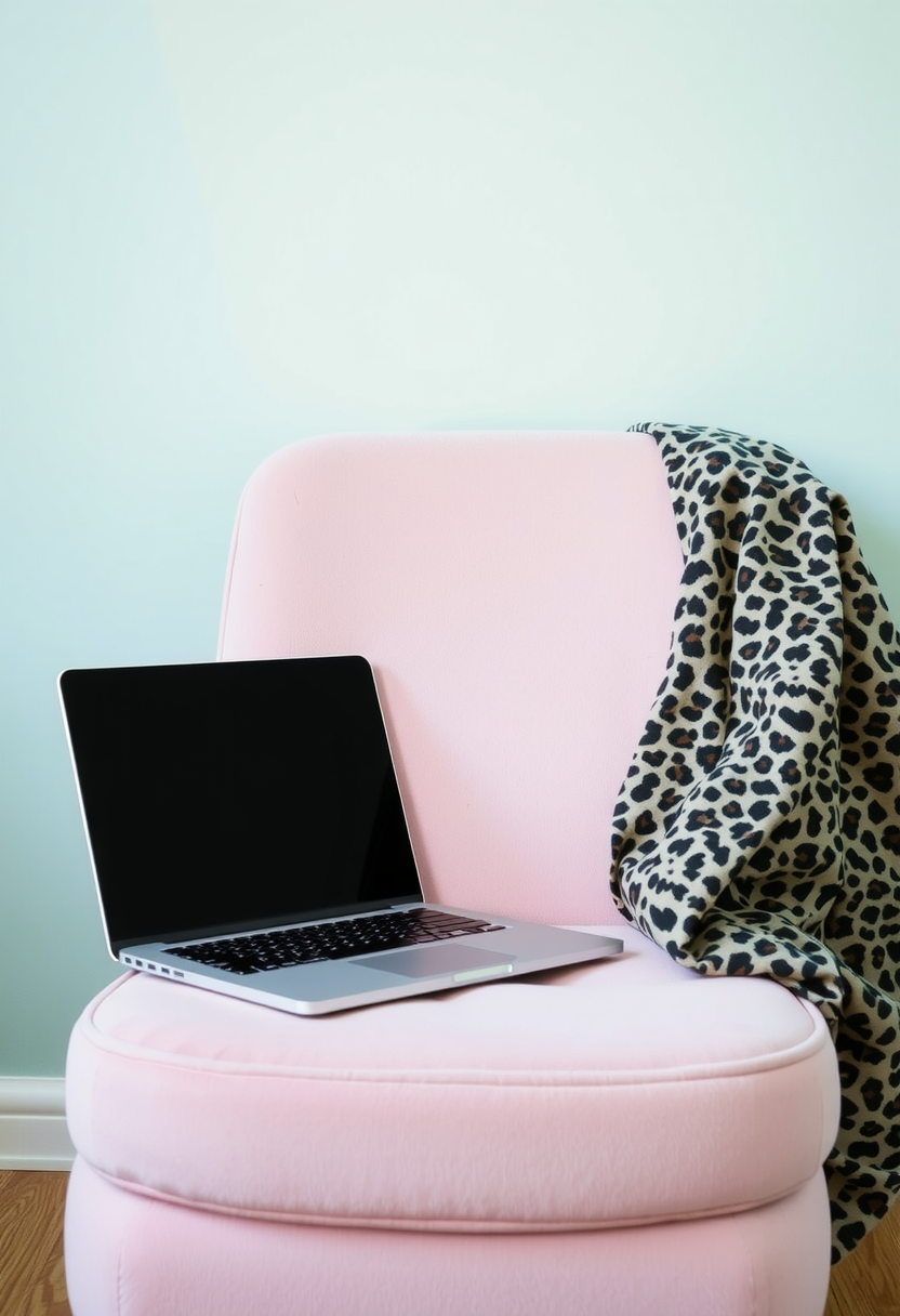 Laptop sitting on pink chair with leopard blanket