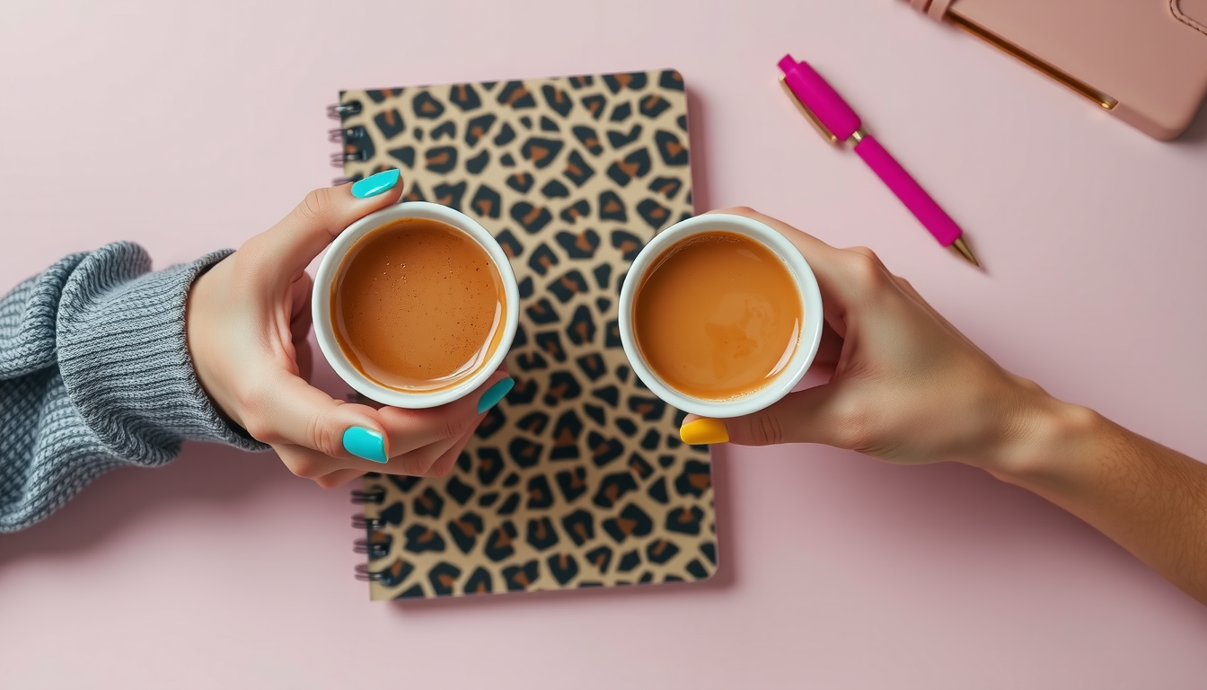 Two hands holding coffee cups and discussing brand values