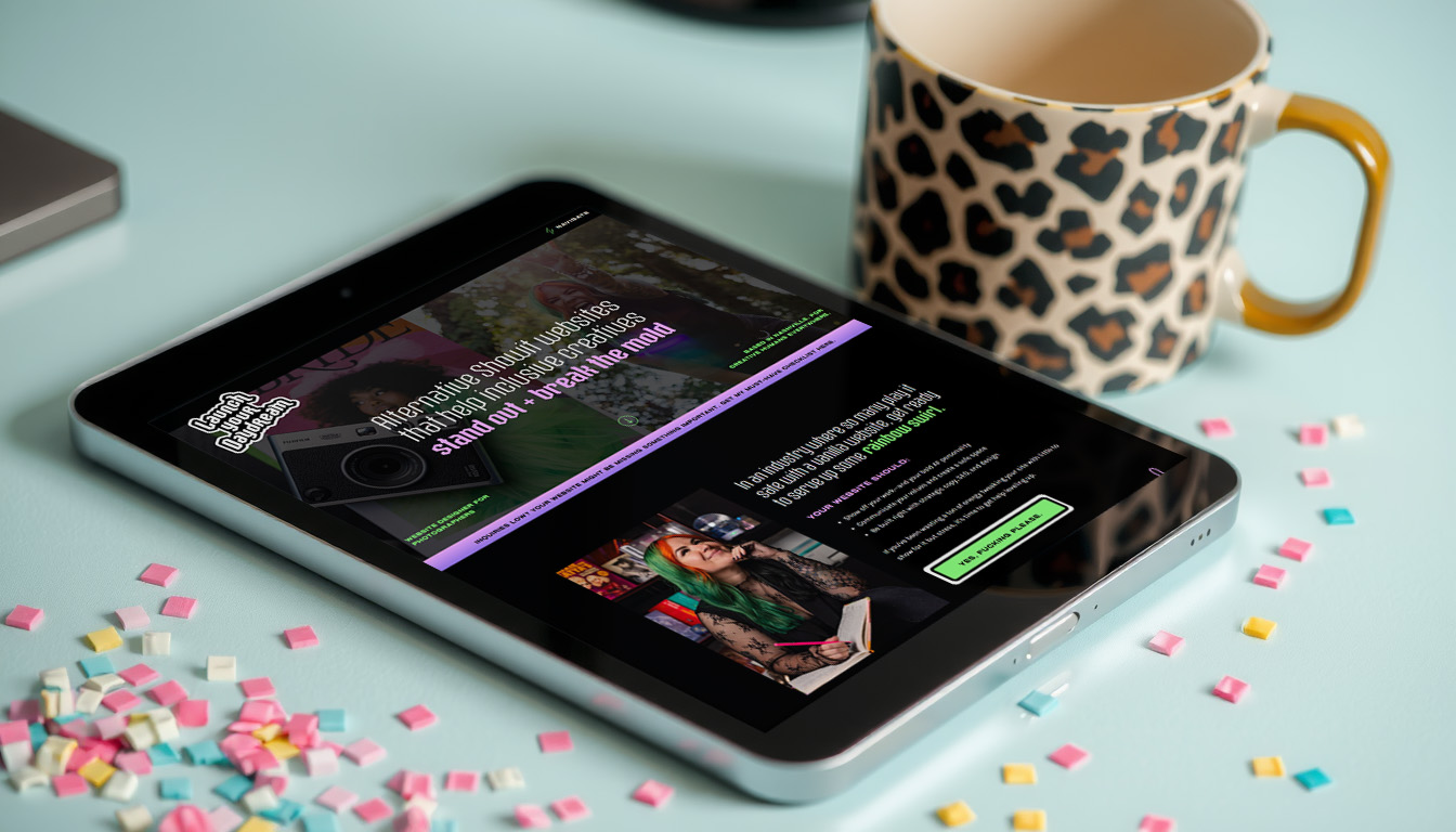 iPad showing the website for Launch Your Daydream, a bold creative studio for alternative creatives
