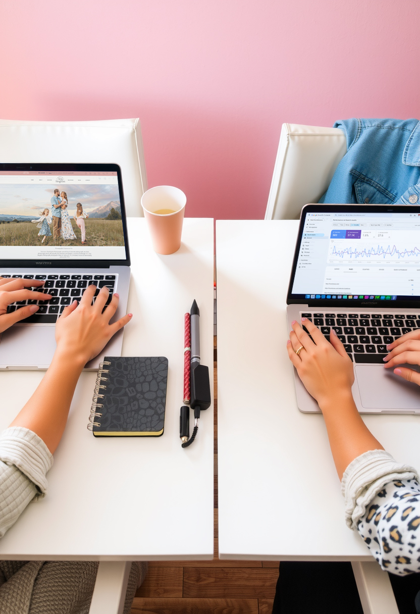 Images of a photographer website and an SEO audit on the other computer