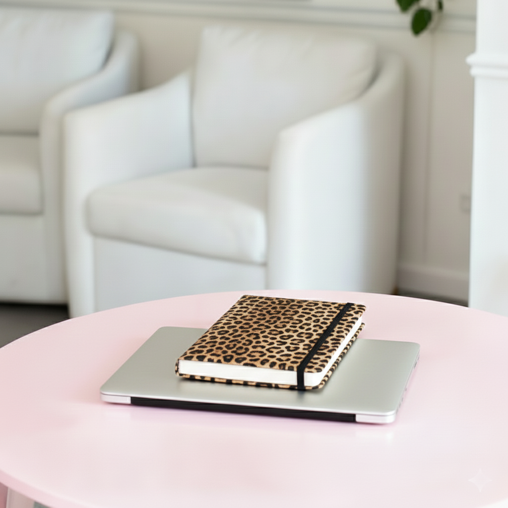 Leopard notebook on top of a laptop on a pastel pink table in an office